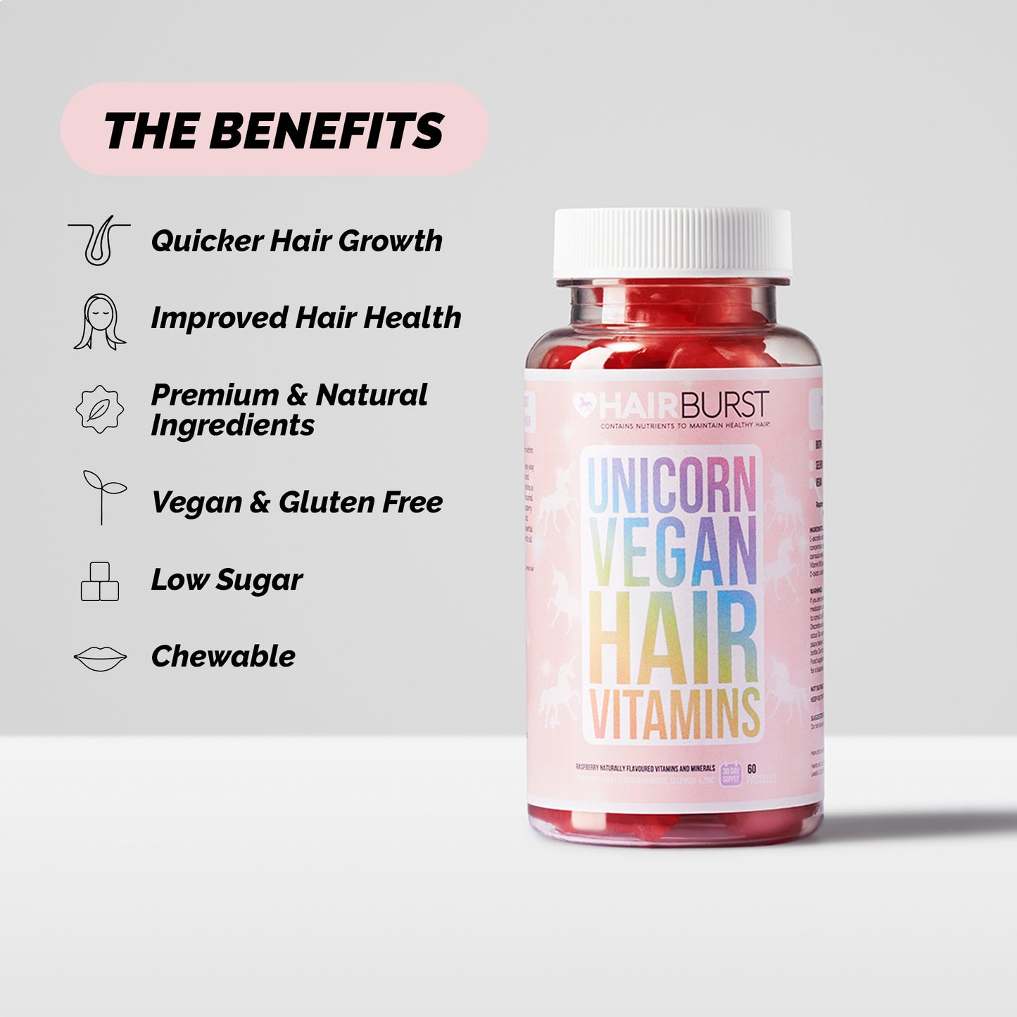 Hairburst Chewable Unicorn Vegan Vitamins (60 pastilles) (Expiration: December 2023)